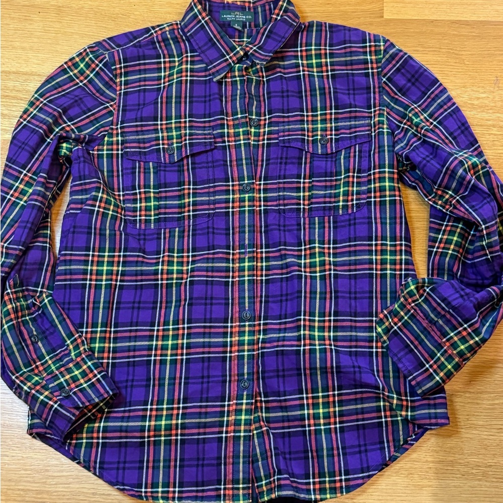 Women’s Ralph Lauren Purple Plaid Shirt Sz Small Fall Halloween Cozy Farm